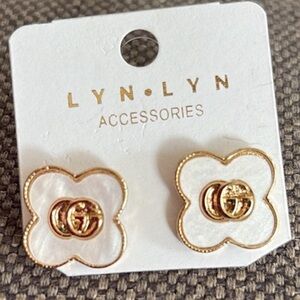 Gold and Opal White LV Gucci Logo Earrings - designer bling